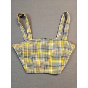 BETTER BE Plaid Crop Top Square Neck Spaghetti Strap Yellow Blue Women's Size S